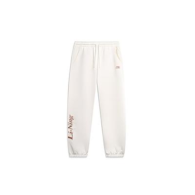 Li Ning Sports Lifestyle Series Letter Print Drawstring Cuffed Thickened Knitted Sweatpants Women Sweatpants Off-White AKLTD64-1