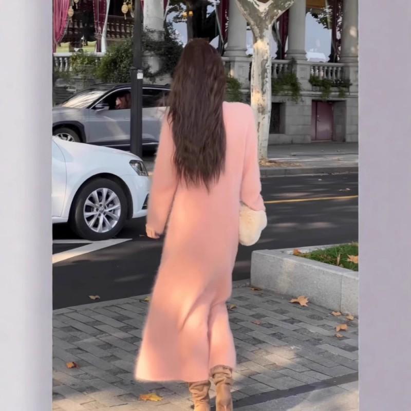 Womens Pink Knit Sweater Dress V-Neck Long Sleeve A-Line Midi Soft Rayon Blend Casual Elegant Outfit
