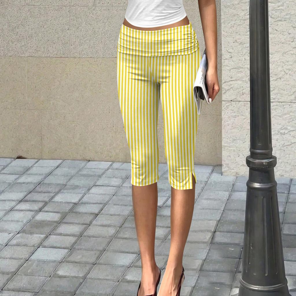 Women Striped Capri Leggings Soft Stretch Cropped Pants Elastic Waist Pull On Athletic Yoga Bottoms Summer 2024