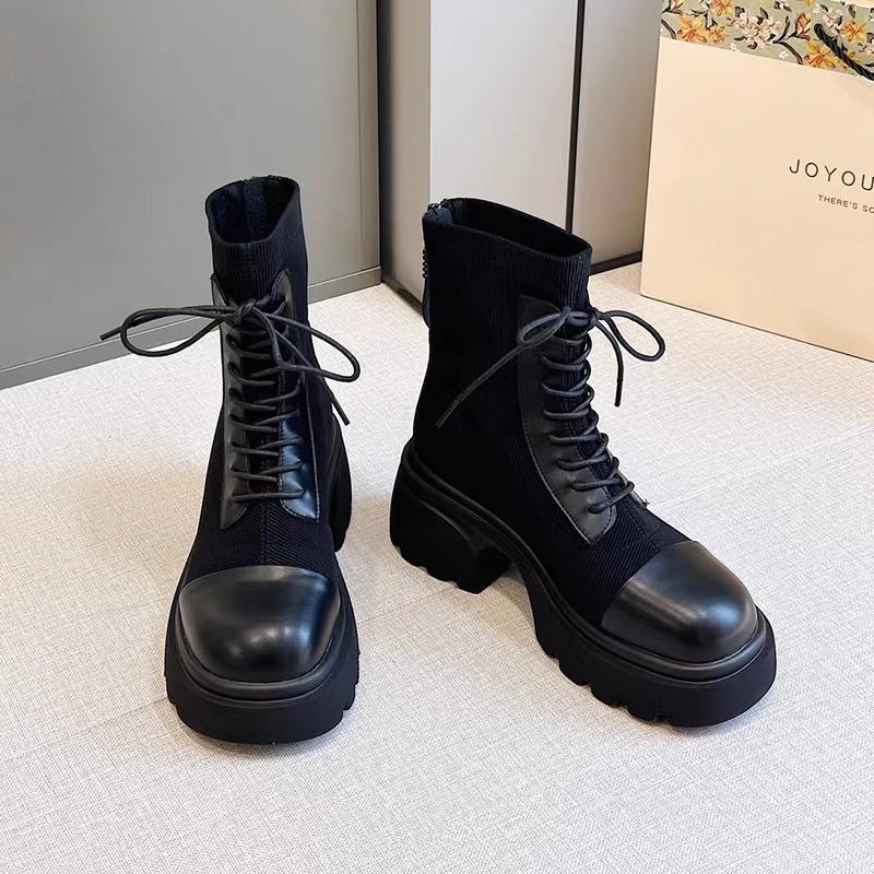 Round Head Fly-woven Martin Boots 2025 Autumn Korean Version of the New Thick-soled Thick-heeled Lace-up Small Short Boots Temperament Women's Thin Bo