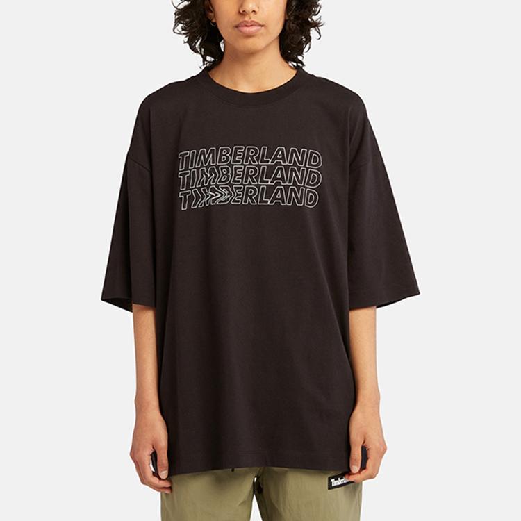 Timberland T-shirt Casual Larga a Maniche Corte con Stampa Logo a Lettere Unisex Nera A6QJ1-001