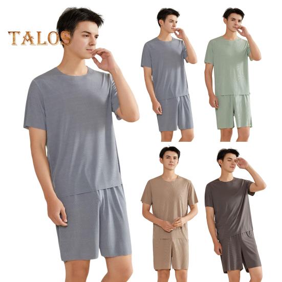 2Pcs/Set Men Pajamas Set O-Neck Short Sleeve T-shirt Elastic Waist Shorts Set Solid Color Home Clothing Suit