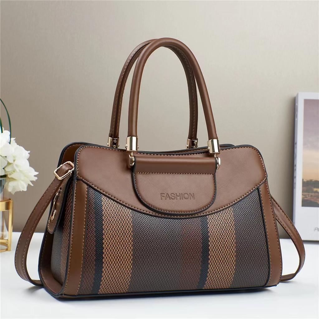 Women's Tote Bag with Brown and White Striped Design, Casual Handbag Large Capacity Top-Handle Bag For Commuting Shopping