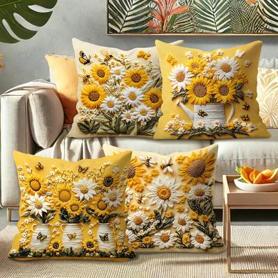 Floral Pillow Covers with Sunflowers, Daisies, Bees, and Butterflies Sofa Cushion Cover Home Room Decoration 2D Flat Printing