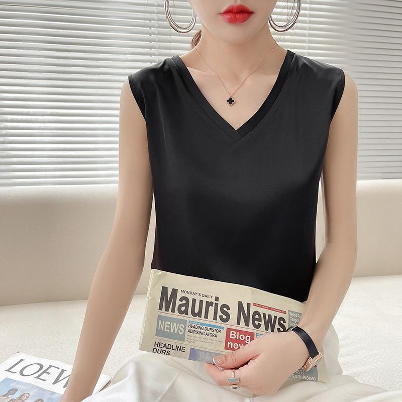 VEZFAA Mode Femme Décontracté Couleur Unie Imprimé Été Printemps Sans Manches Col V Blouses & Chemises