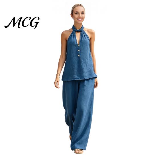 Versatile Women Outfit Summer 2 Piece Sets for Women, Halter V Neck Backless Top Breathable Fabric Suit And Wide Leg Pants Matching Set, Casual