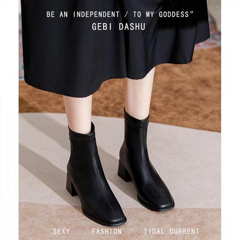 Fashion French Booties Women Fall/Winter 2025 New Versatile Chunky Heel Square Toe