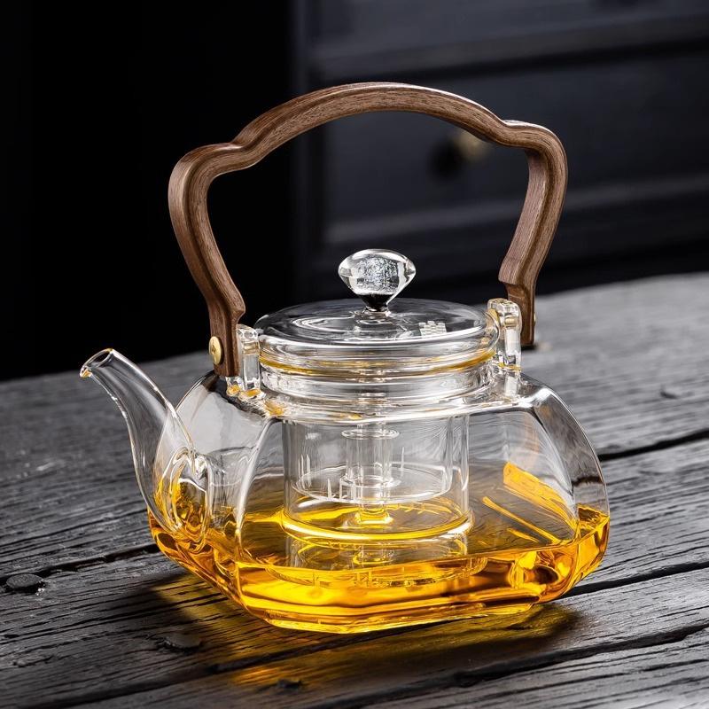 1000ML Octahedral Heat Resistant Glass Teapot Steaming and Boiling Dual-use Lifting Beam Tea Pot Glass Kettle Kung Fu Tea Set