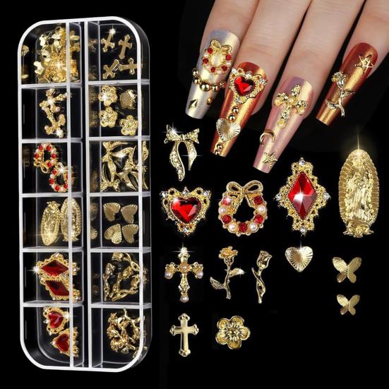1 Set 3D Nail Art Charms 12 Grids Metal Love Heart Flower Butterfly Charms DIY Nail Design Crafting Manicure Decoration Accessories