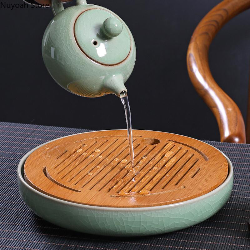 Ceramic Round Tea Tray Household Living Room Bamboo Noodle Saving Water Dry Brewing Table Kung Fu Tea Set Celadon Tea Table Tray
