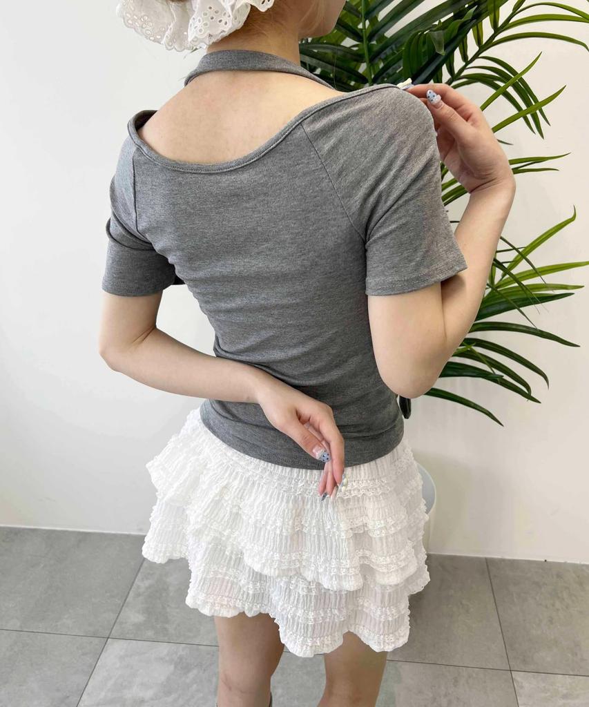 WEGO PHILLY Belt Design Short Sleeve Summer Gray Off-the-Shoulder T-Shirt, Top, Clothes, Women's,