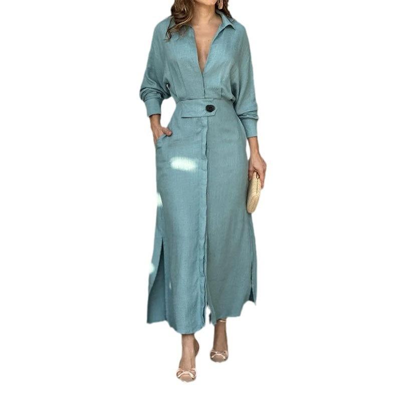 European and American women's clothing, new spring models, temperament commuter shirt V-neck solid color waist dress