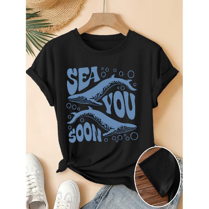 Women's Elegant Short-Sleeve Gift with Bubble Blue Whale Fun English Print Pattern and Vintage Round Neck T Fresh and Natural Style Loose-fitting