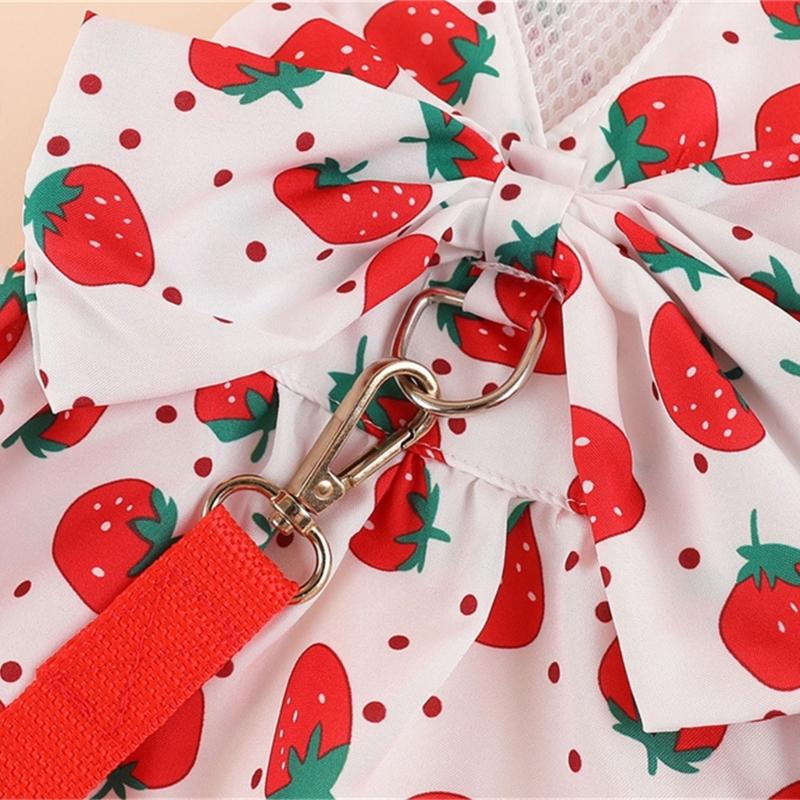 Lovely Strawberry Print Pet Dress Harnesses Holiday Washable Pet Costume with Bowknot and Matching Leashes