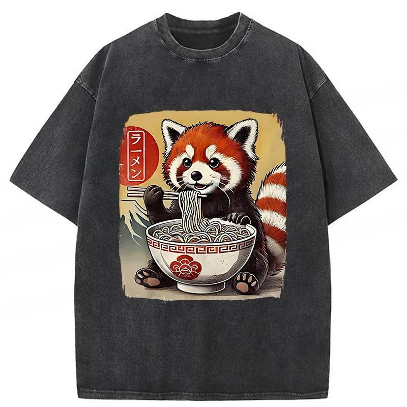 Harajuku Summer Fashion Tees Vintage Cute Raccoon Eating Ramen Funny Japanese Washed T-Shirt Holiday Short Sleeve Tops
