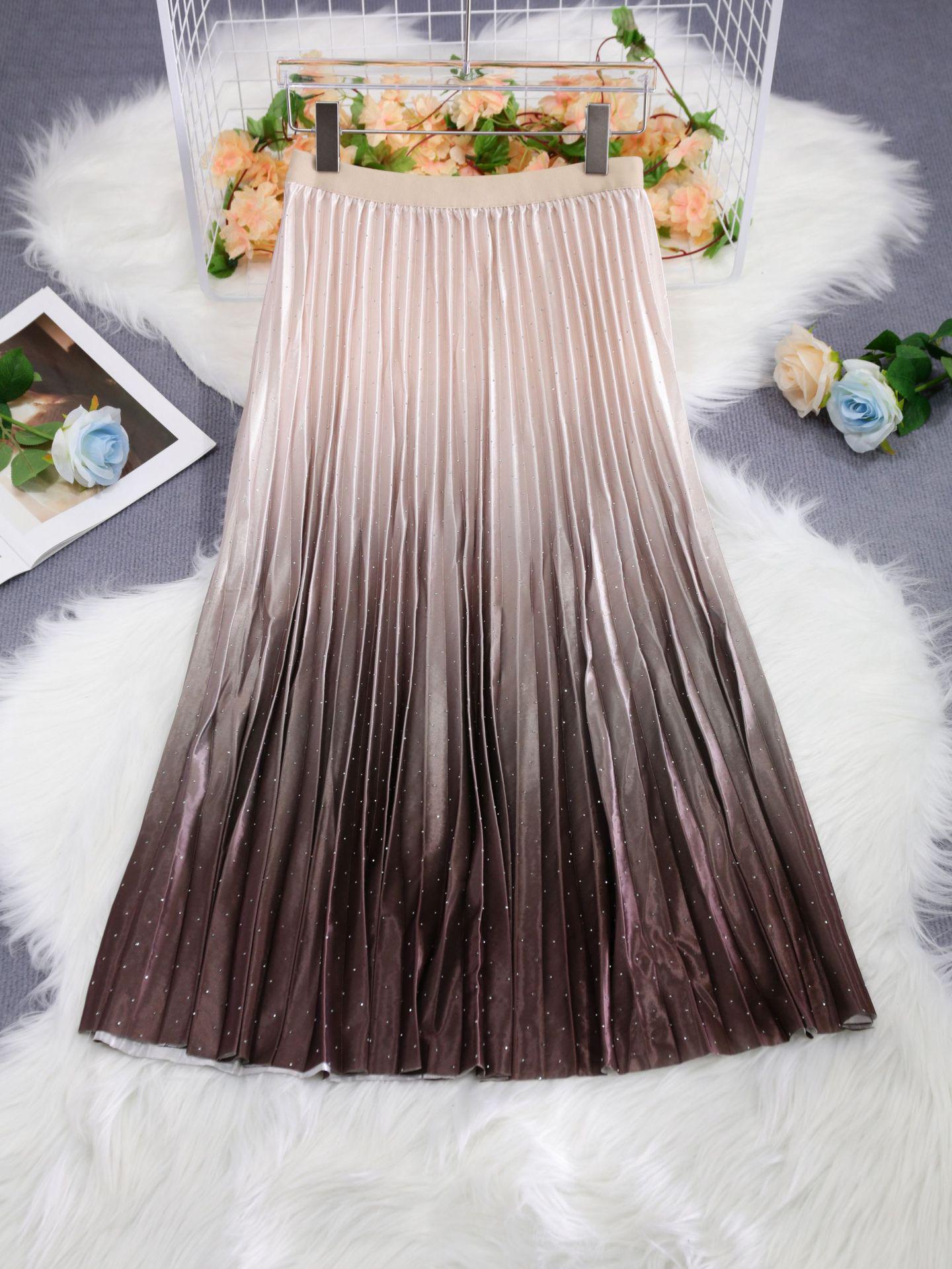 

Women s Spring/Summer Elegant Pleated Skirt with Rhinestone Gradient Design One Size хакі