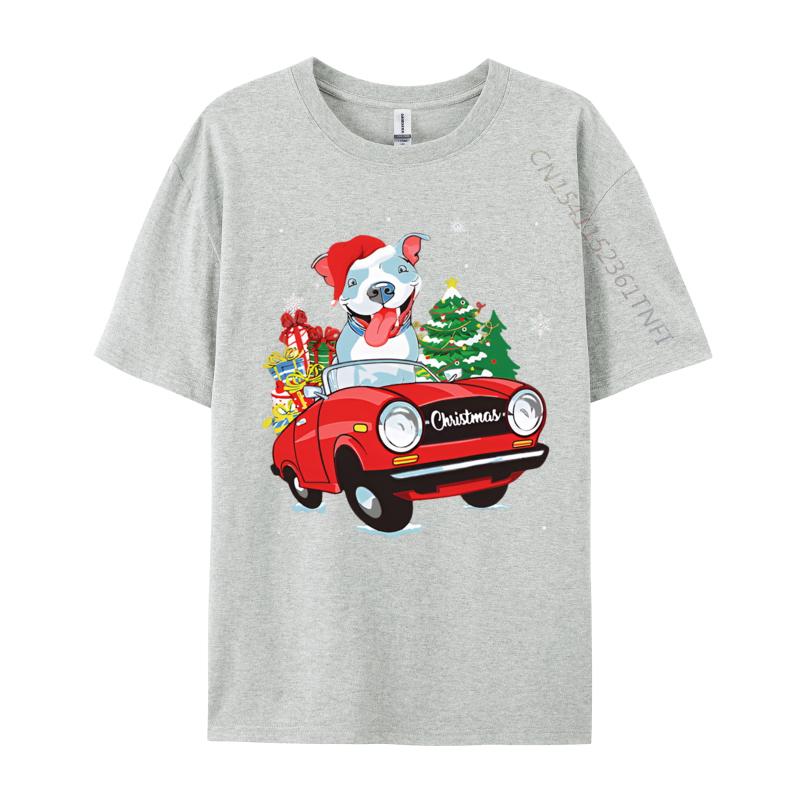 Cute Pitbull Dog Santa Hat Red Car Christmas T Shirt Tees High Quality Cotton Printed Gift T Shirt Men 100 Cotton S