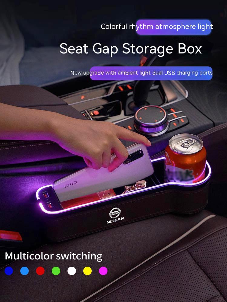 AUK2 Car USB Charging Colour Light Seat Gap Storage Box For Nissan X-Trail Qashqai Sentra Serena Tiida Teana Juke Leaf Micra Almera