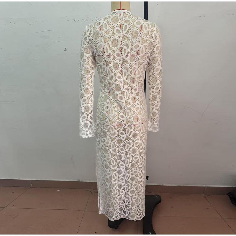 Elegant See Through Split Dress Women White Lace Up Deep V-neck Long Sleeve Female Dresses Loose Lady Dress