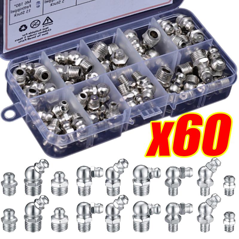 Metric Grease Nipple Kit Straight Zinc Plated Metal Grease Nipple with Storage Box Hydraulic Grease Nipple Coupler 45°/90° Angle