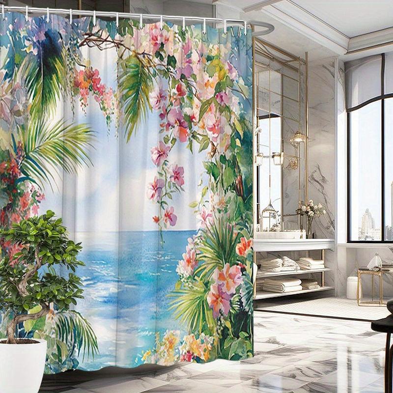 

Tropical Beach Shower Curtain - Vibrant Floral & Ocean Scene, Polyester, Washable & Durable, Tropical Bathroom Decor W90XH180cm