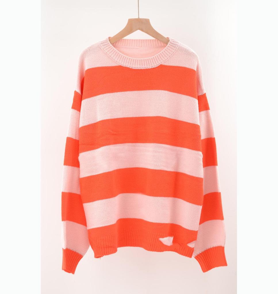 Plus Size Women Striped Spliced Round Neck Pullover Sweater Loose Lazy Autumn Wear