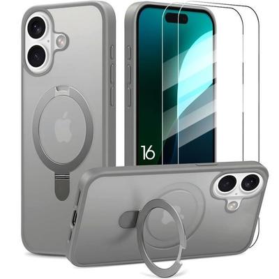 Protective Case - BOOLING - for iPhone 16 - Shockproof Rigid - Magnetic Ring Stand - Grey
