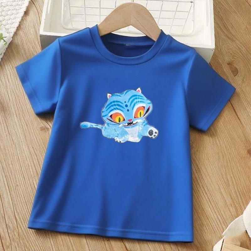 Blue Tiger Printed Children T-shirt Summer Girls Casual Loose Kawaii O-Neck Short Sleeve Colorful Tops Children Clothing