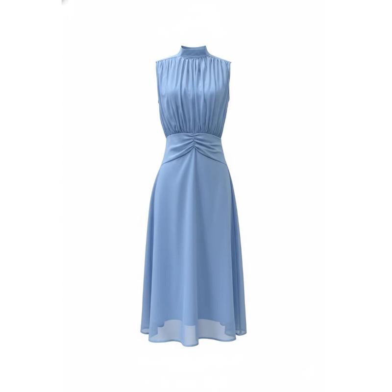 New Light Blue Sleeveless Waist Pleated Dress Summer Elegant Mid-length Dress Dress