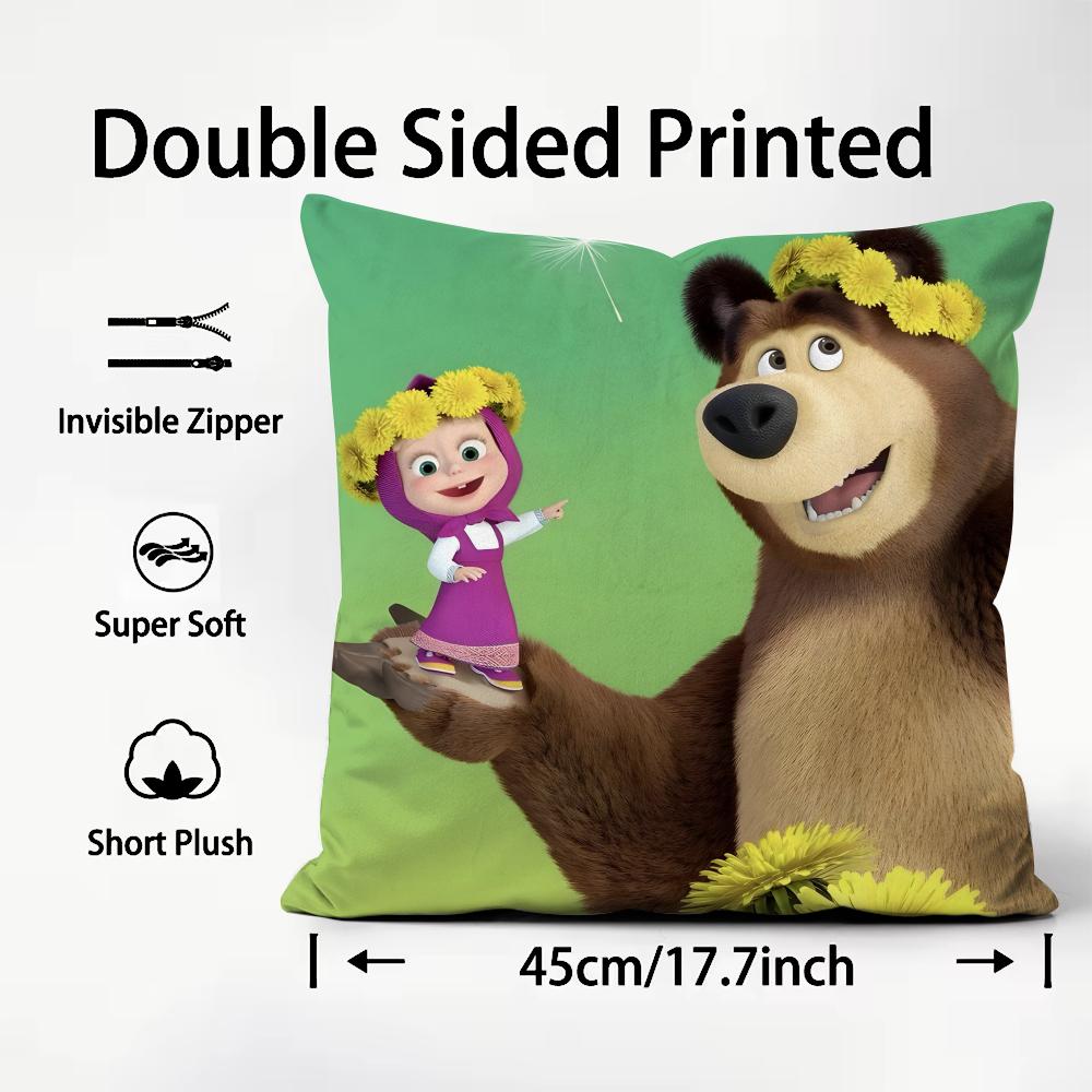MMasha And The BearR Cartoon Cushion Cover Plush Fabric Soft DoubleSided Printed Sofa Warm Winter Home Child Gift Pillow Case