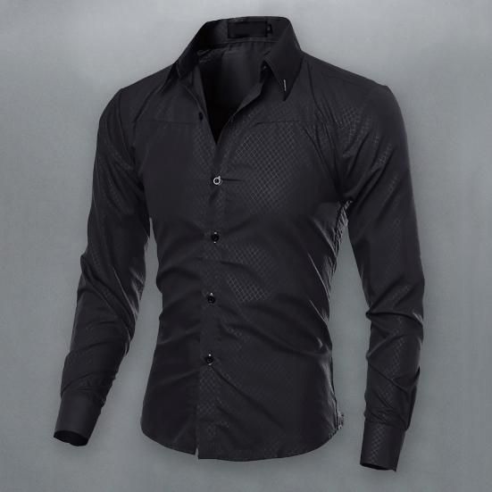 Jednořadá pánská košile s klopou a dlouhým rukávem Slim Fit Jednobarevná obchodní košile Top Denní oblečení