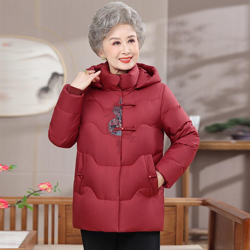 Elderly Women's Hooded Down Jacket - Warm Cotton Coat for Winter, Chinese Style, for Middle-Aged and Elderly