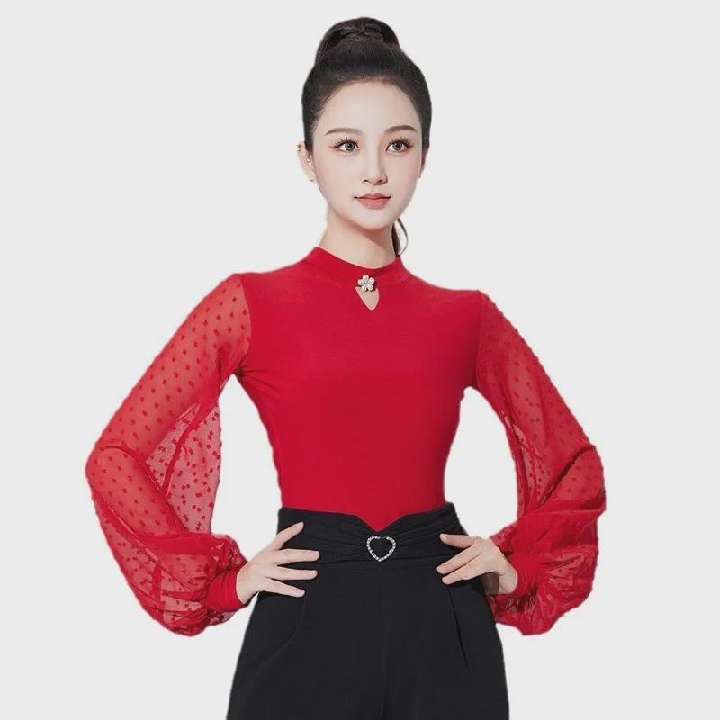 Salopetă modernă pentru damă, cu mâneci lantern, cu protecție pentru gât și guler înalt - îmbrăcăminte de dans standard național