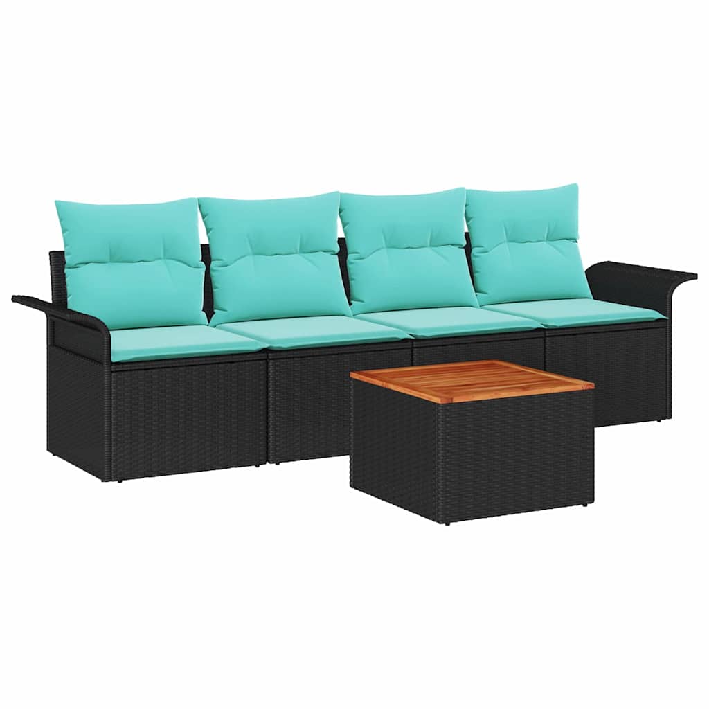 Garden Sofa Set 5 pcs Black and Turquoise Poly Rattan
