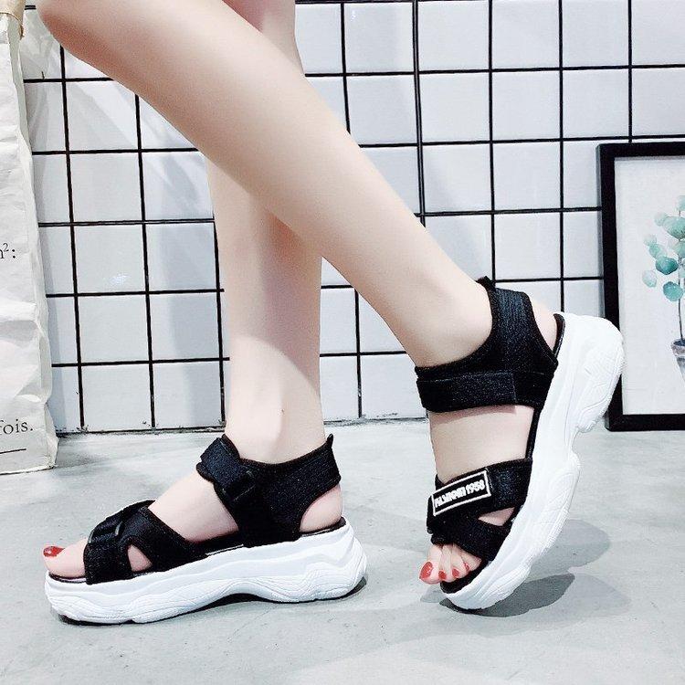 Foreign trade sandals women's rubber muffin heel fabric breathable fashion 2025 summer Velcro sports sandals