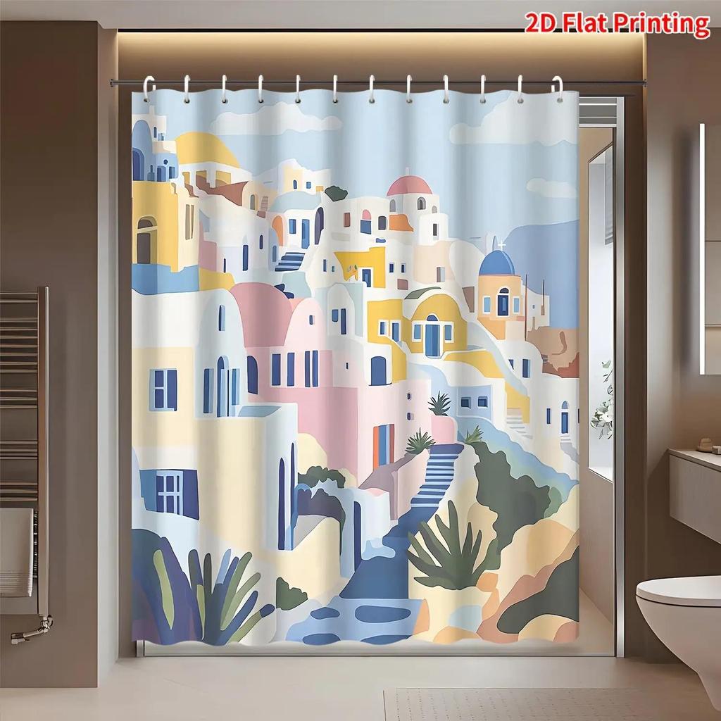 Watercolor Santorini Greek Village Shower Curtain Waterproof Bathroom Decor Mediterranean Art Print Polyester Home Decoration