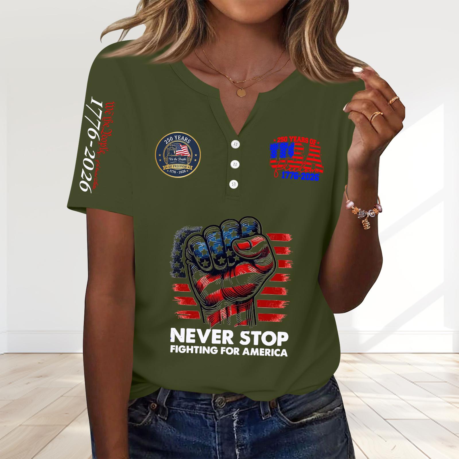 

Women’s Casual V Neck Short Sleeve T Shirt with Decorative Buttons 250th Anniversary Independence Day Print Top for Everyday Wear L армия зеленый