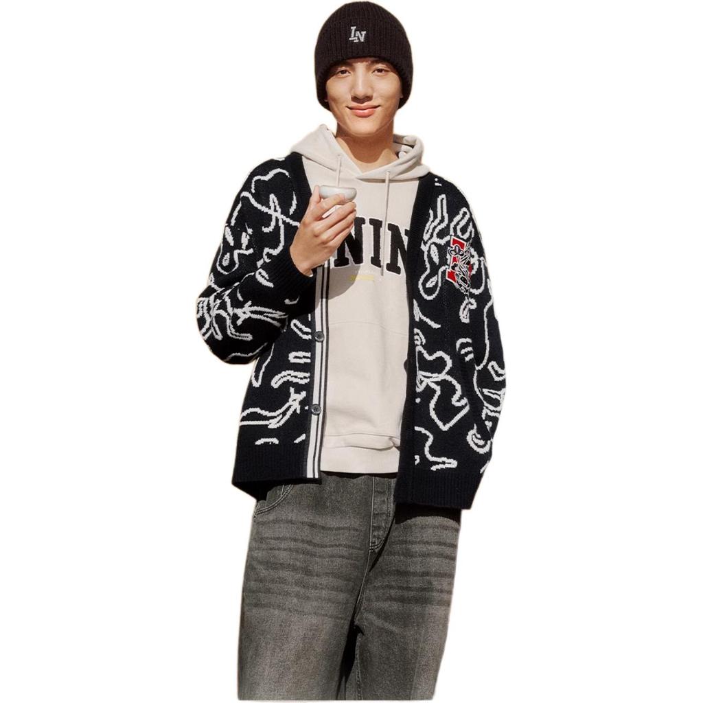 Li Ning Cny Wanshi Qingsong Series Brand Logo Pattern Embroidered V-Neck Long Sleeve Knit Sweater Unisex sweater Black AMBU245-2