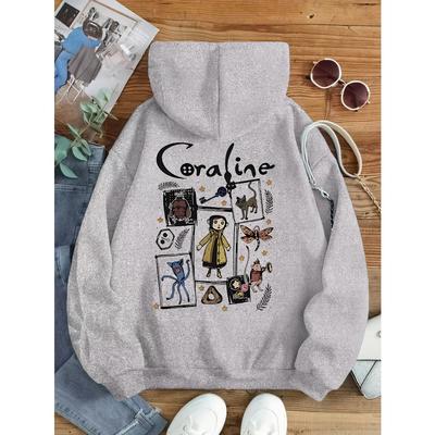 Felpa con cappuccio da donna Coraline accogliente ed elegante con stampa horror unica, pullover casual alla moda, felpa Harajuku unisex