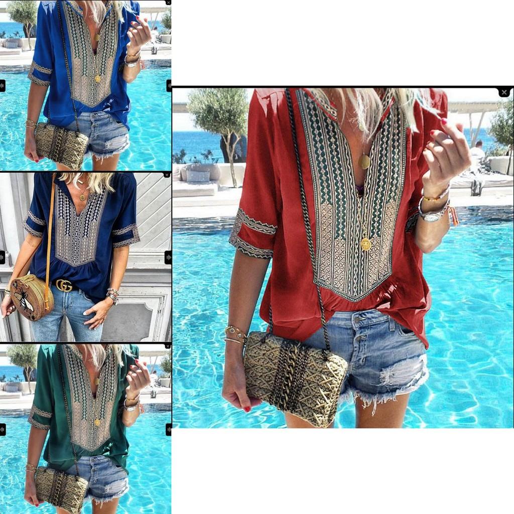 Stunning Womens Vintage Striped V Neck Loose Shirt Tops Half Sleeve Boho Blouse Plus Size