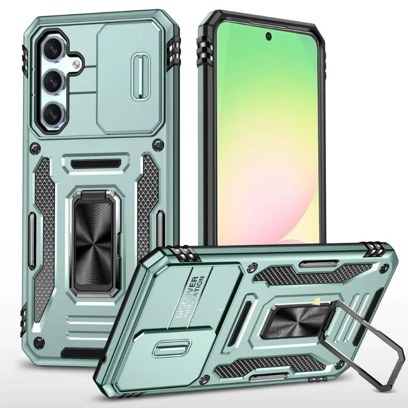 

Shockproof Armor Phone Case for Samsung Galaxy A56 A36 A26 A16 A55 A35 A25 A73 Slid Camera Protect Magnetic Hybrid Ring Cover Galaxy A16 5G зелёный