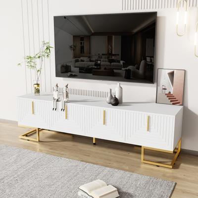 Spacious Countertop TV Cabinet with 4 Doors Golden Handle Metal Legs Mid Century Modern TV Stand Living Room Furniture