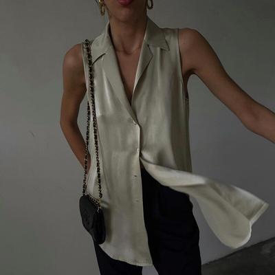 2023 été élégant sans manches Satin femmes chemise hauts col Polo simple boutonnage chemisier en soie mode décontracté bureau dame haut 28160