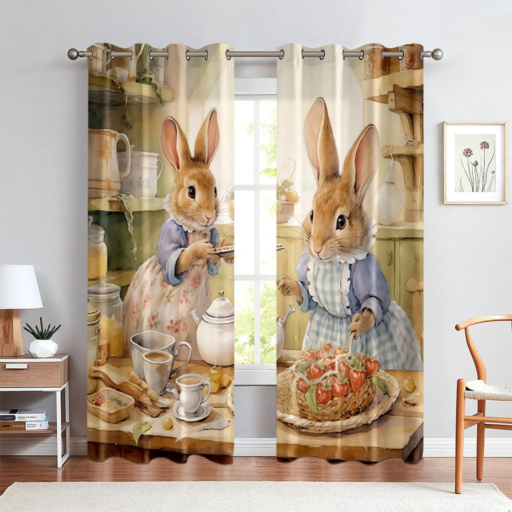 2PCS Cute Bunny Pattern Printed Curtains, Animated Cartoon Easter, Kids Room Rod Pocket Decoration Curtains, Holiday Gifts