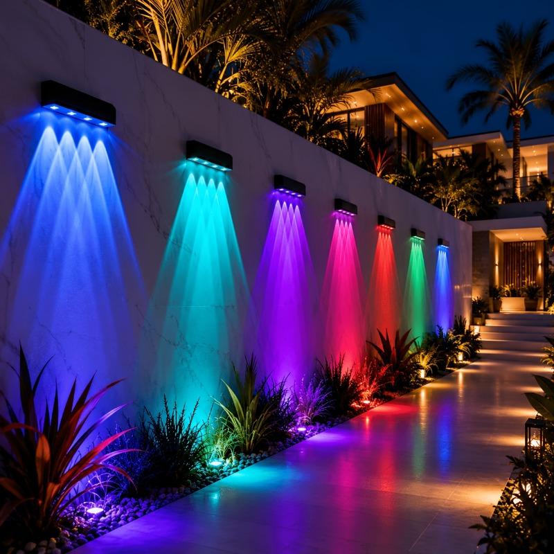 4 sets of RGB outdoor wall lights, featuring intelligent dimming and color-changing modes, semi-embedded installation, suitable for garden, terrace,