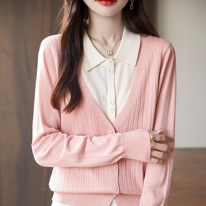 

Women s Angora Red Knit Cardigan Sweater: Spliced Two-Piece Look, Long Sleeve with Turn-Down Collar for Autumn/Winter M 90-110 lbs
