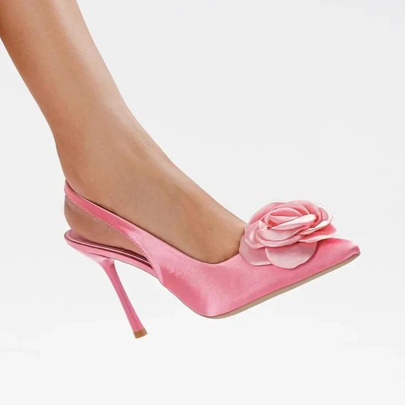 Fashion Elegant Satin Flower Designer Heels Women Sexy Pointy Toe Thin Heeled Sandals Fashion Slingback Party Dress Shoes Women Pumps
