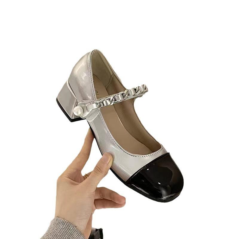 Sommer neue runde Zehen Mary Janes dicker Absatz einzelne Schuhe Damenmode Temperament vielseitig Taschenkopf mit Perle farblich passend