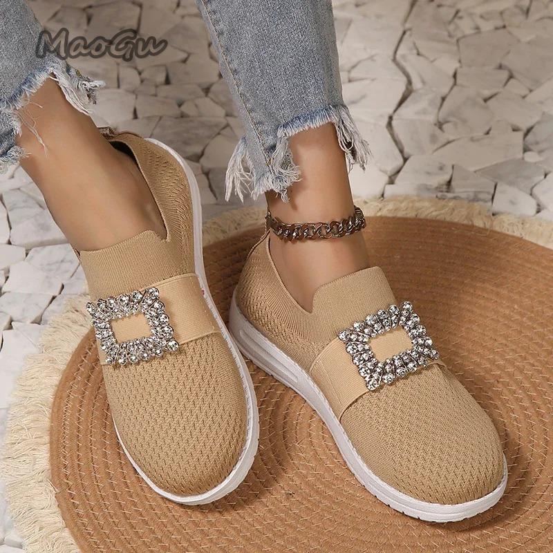 Modische Strass-Netz-Strick-Slipper für Damen Atmungsaktive Slip-On Casual Flats Damen Herbst 2025 Weiche Sohle Laufschuhe Größe 36 42