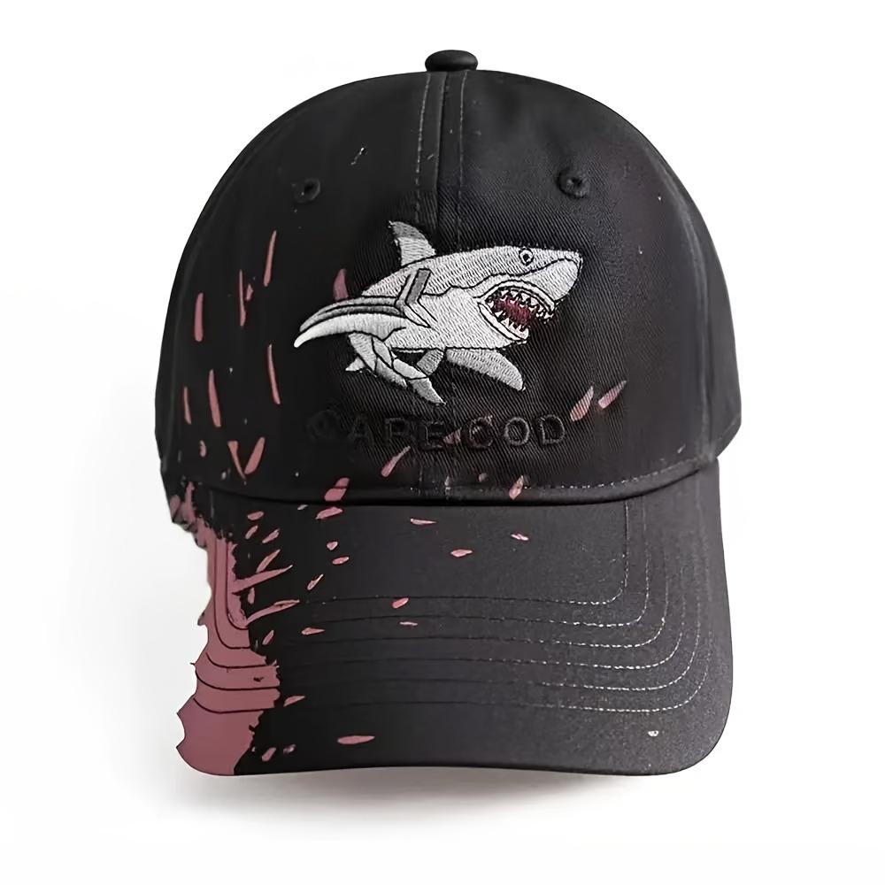 1 Stück Unisex Baseballkappe mit Haifischstickerei - Funky Stil Schwarz mit Rosa Akzenten, Ganzjahreskomfort, Strapazierfähiger Hochwertiger Stoff
